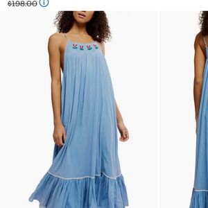 Free People Tip Toeing Dusty Blue Maxi Dress with Embroidery L NWT
